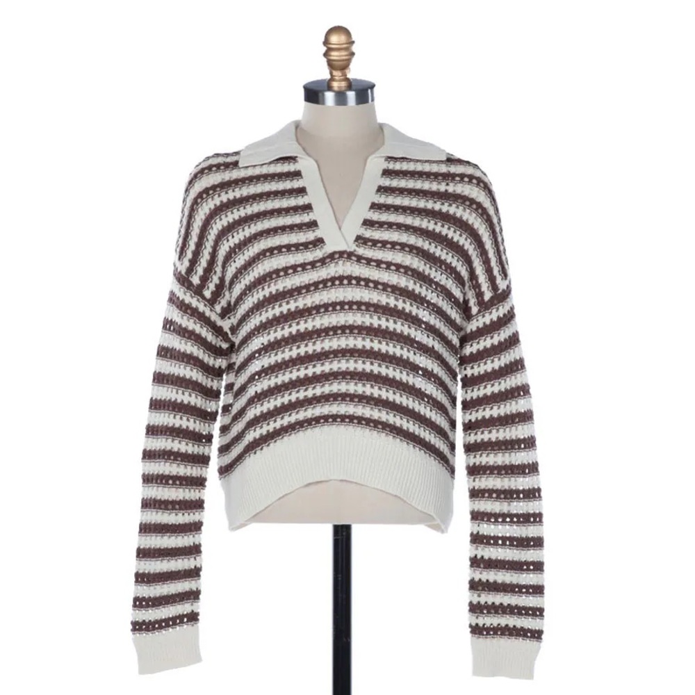 NEW Altar’d State Nova Collared Crotchet Sweater Brown/Cream Stripe Polo Small
